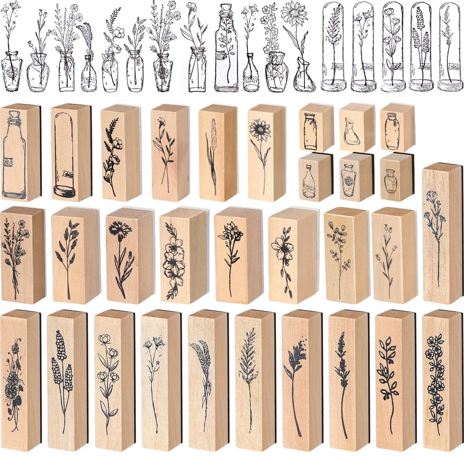 Marspark 31 Pcs Flower Wooden Rubber Stamps for Crafting Vintage Plant Decora…