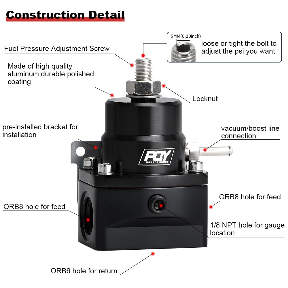 PQY Adjustable EFI Fuel Pressure Regulator Kit 3-70PSI with AN8 Feed black