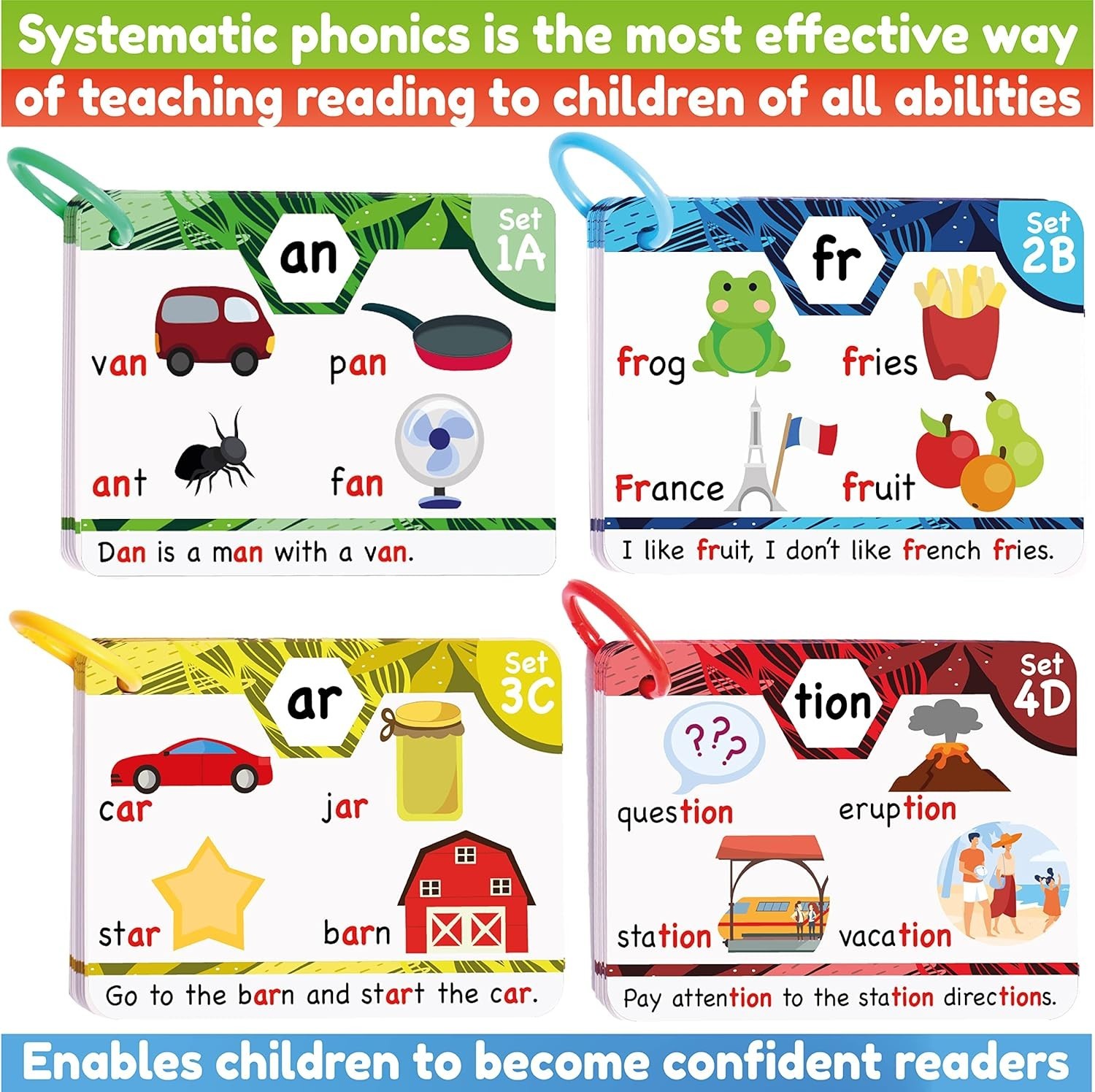 Interactive Phonics Flash Cards – 62 Cards and Sorting Rings for Early Readers