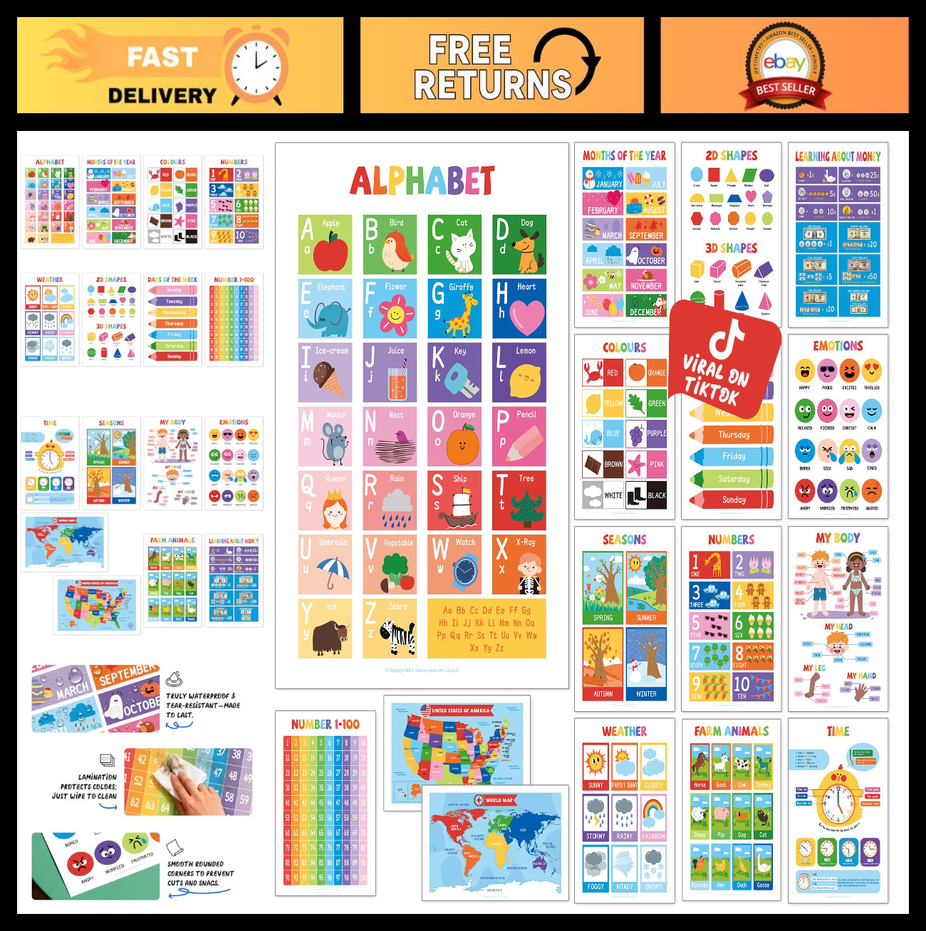 16 Laminated Educational Posters for Kids – ABC, Numbers, Shapes, Colors, Maps –