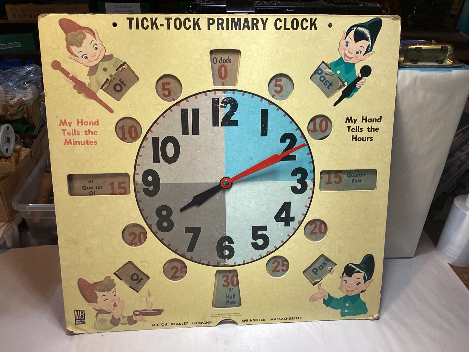 Vintage Milton Bradley 1955 #9380 Tick-Tock primary learning clock 21” x 20”