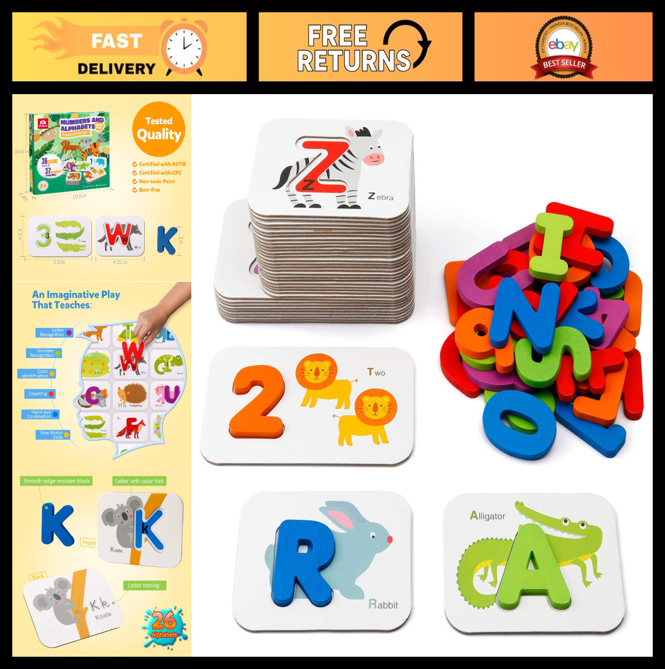 Wooden Alphabet & Number Flash Cards Set – Montessori Puzzle Game for Kids 3-5