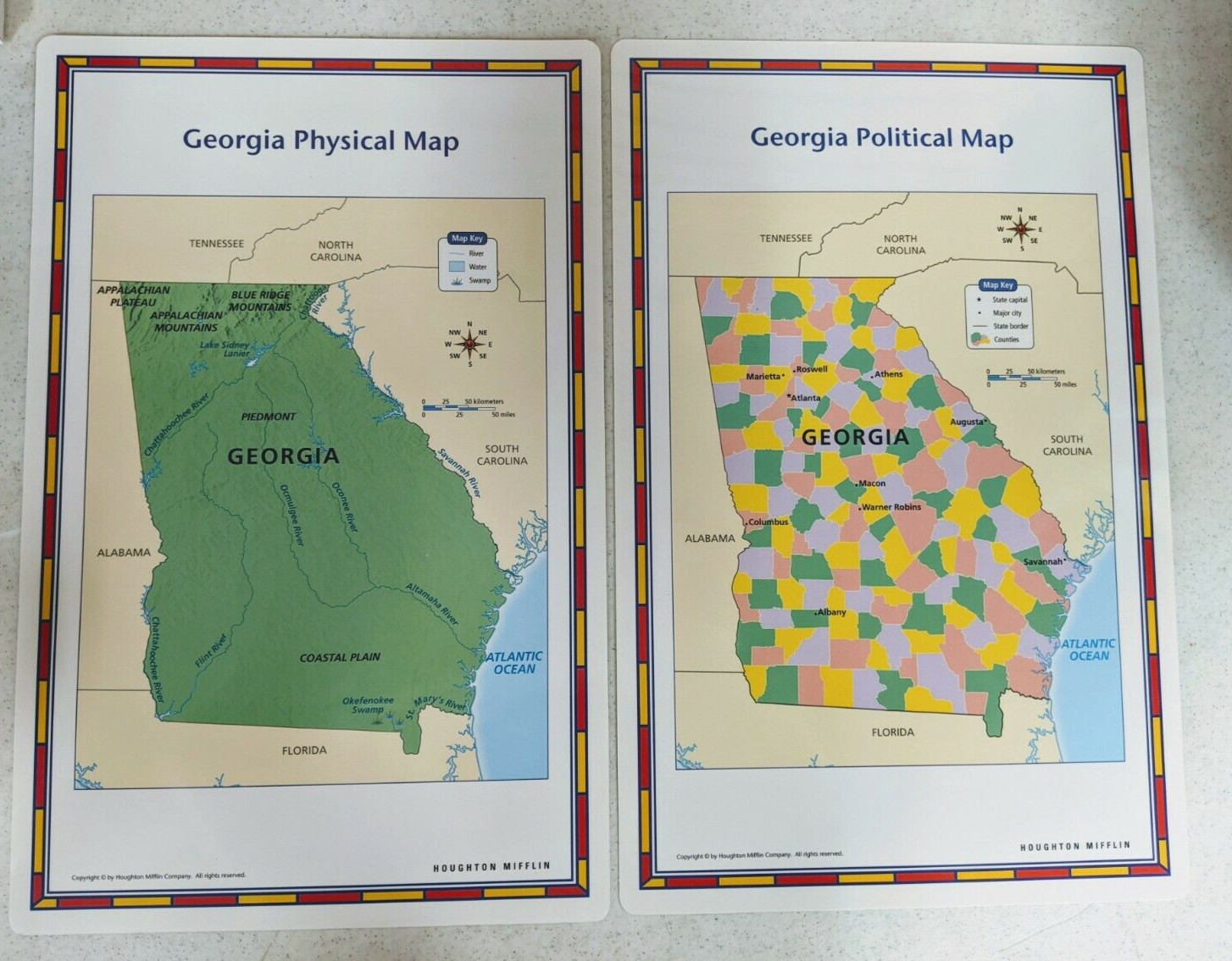 GEORGIA Physical & Political 2 Sided Laminated Map (17″ X 11″) VG