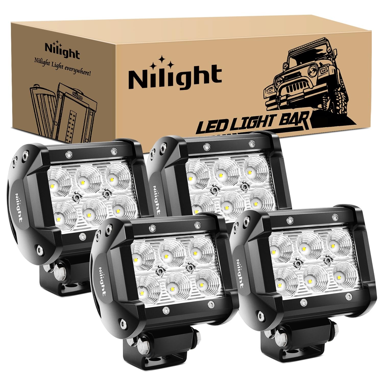 Nilight 4PCS 18W 1260lm LED Flood Light Bar Off Road Driving Fog Light