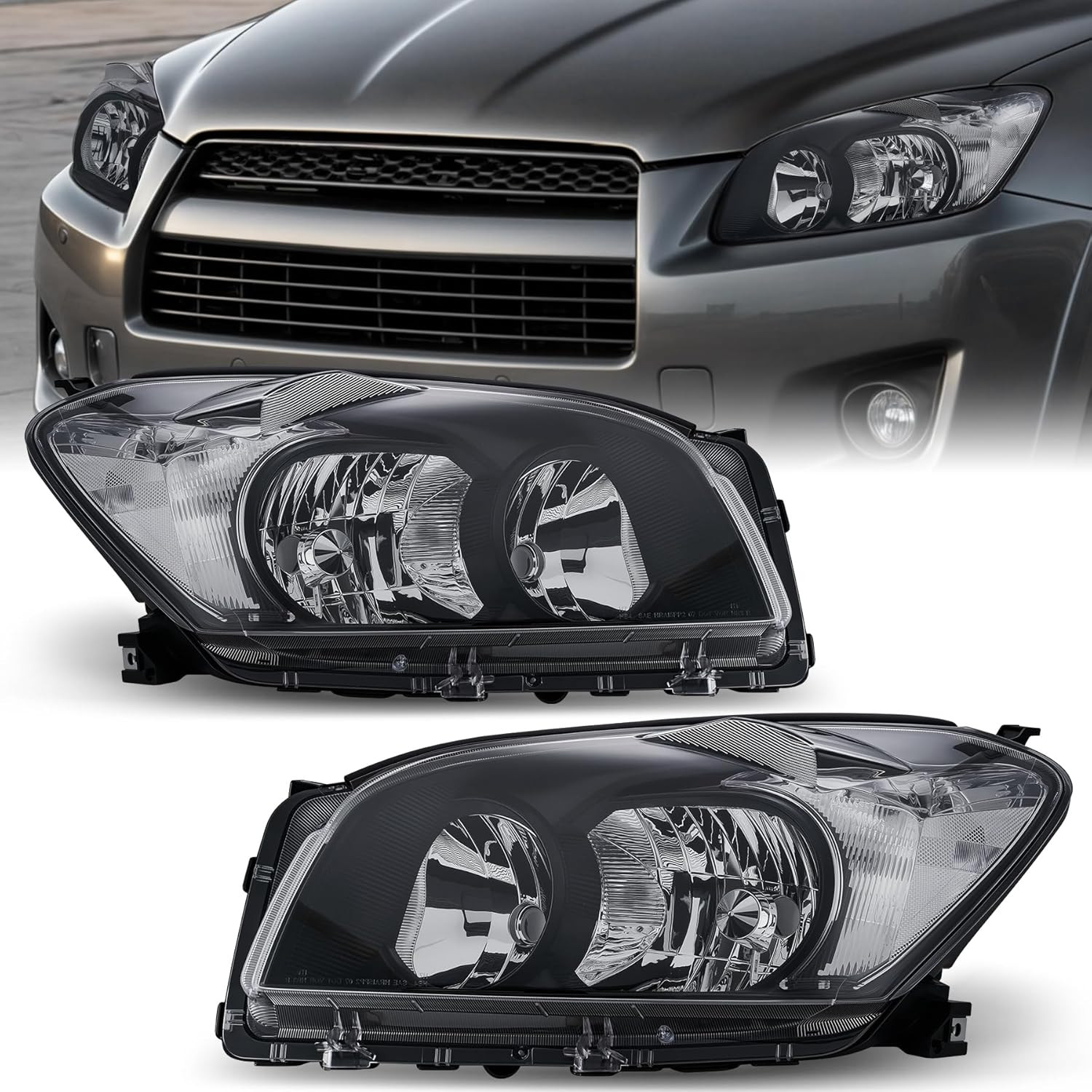 Headlight Assembly Compatible with 2009-2012 Toyota RAV4 Black W/Clear Headlamps