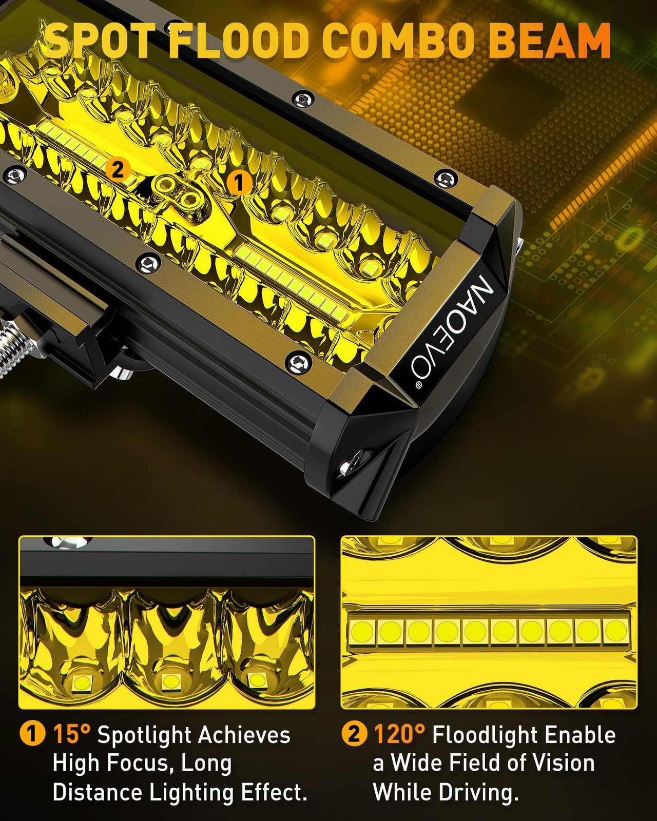 NAOEVO 7 Inch Yellow LED Light Bar, 240W 24,000LM Offroad Fog/Driving Lights …