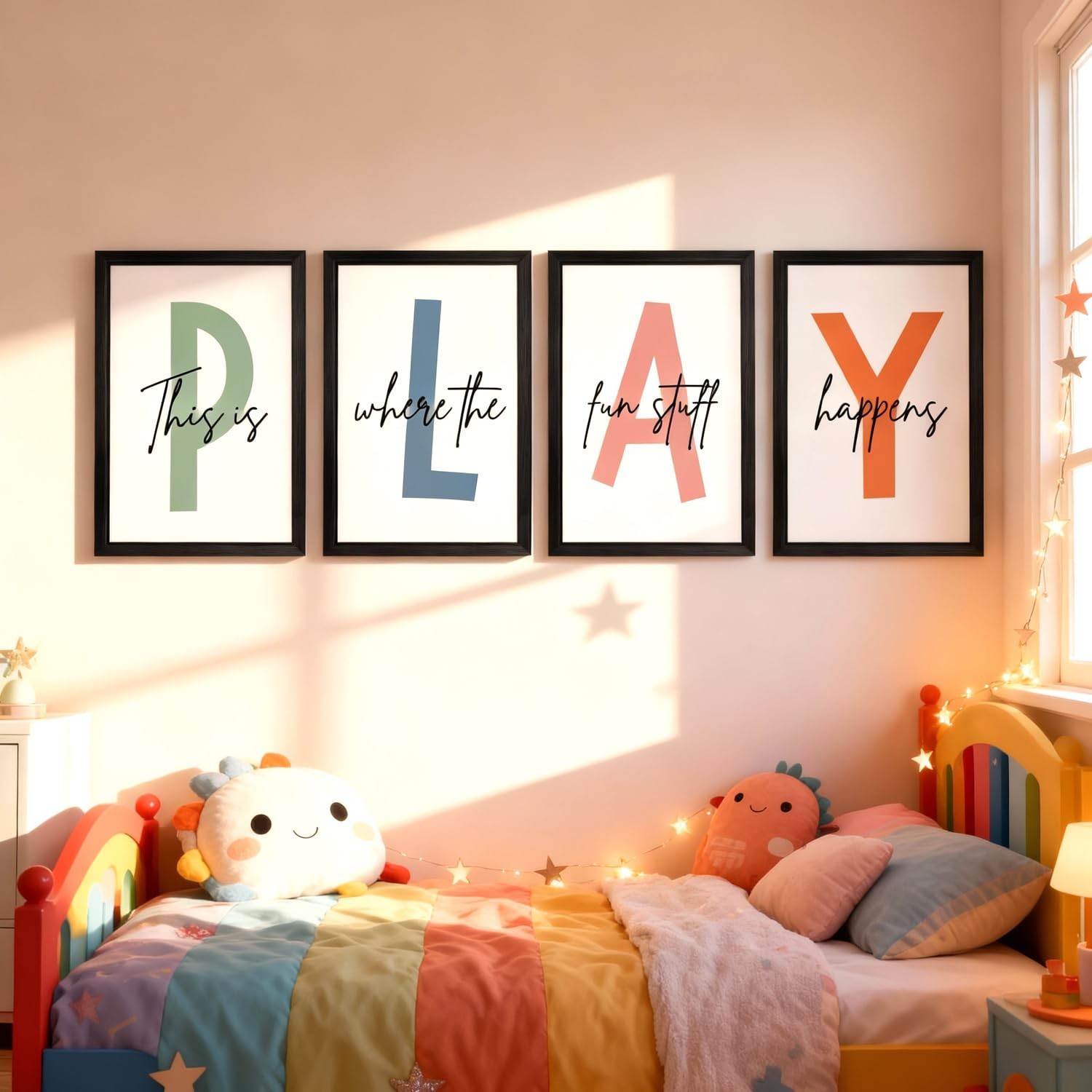 Cute Alphabet Play Framed Wall Art Set of 3, Natural Educational Alphabet Woo…