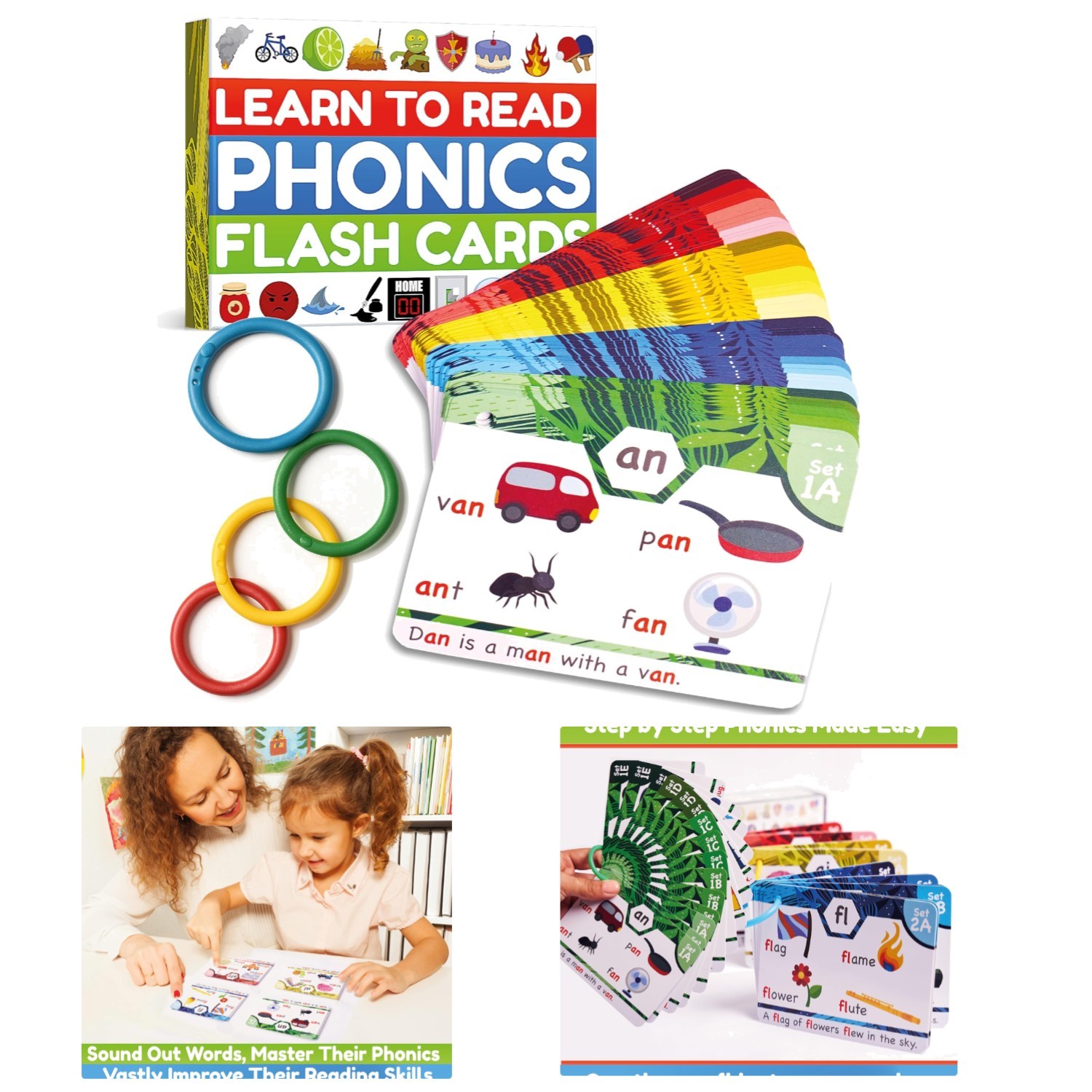 Interactive Phonics Flash Cards – 62 Cards and Sorting Rings for Early Readers