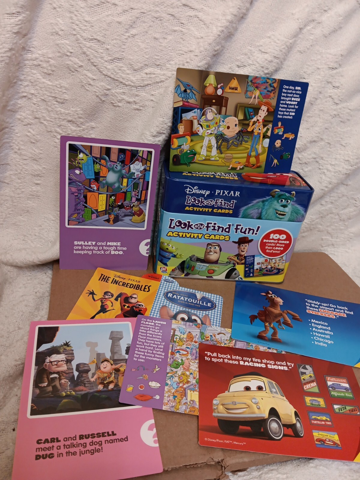 Disney Pixar Look and Find Activity Cards Metal Tin Complete VG Kids Card Game