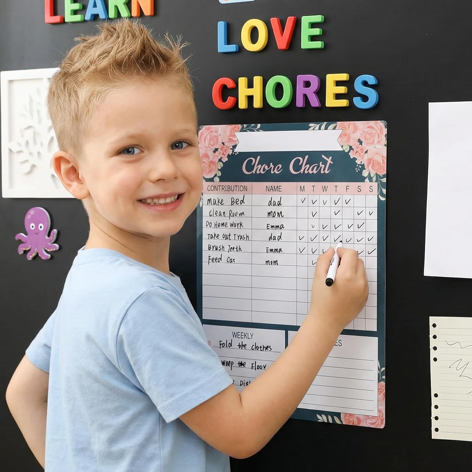Fridge Magnetic Dry Erase Chore Chart 17×12 Floral Weekly Responsibility Tracker