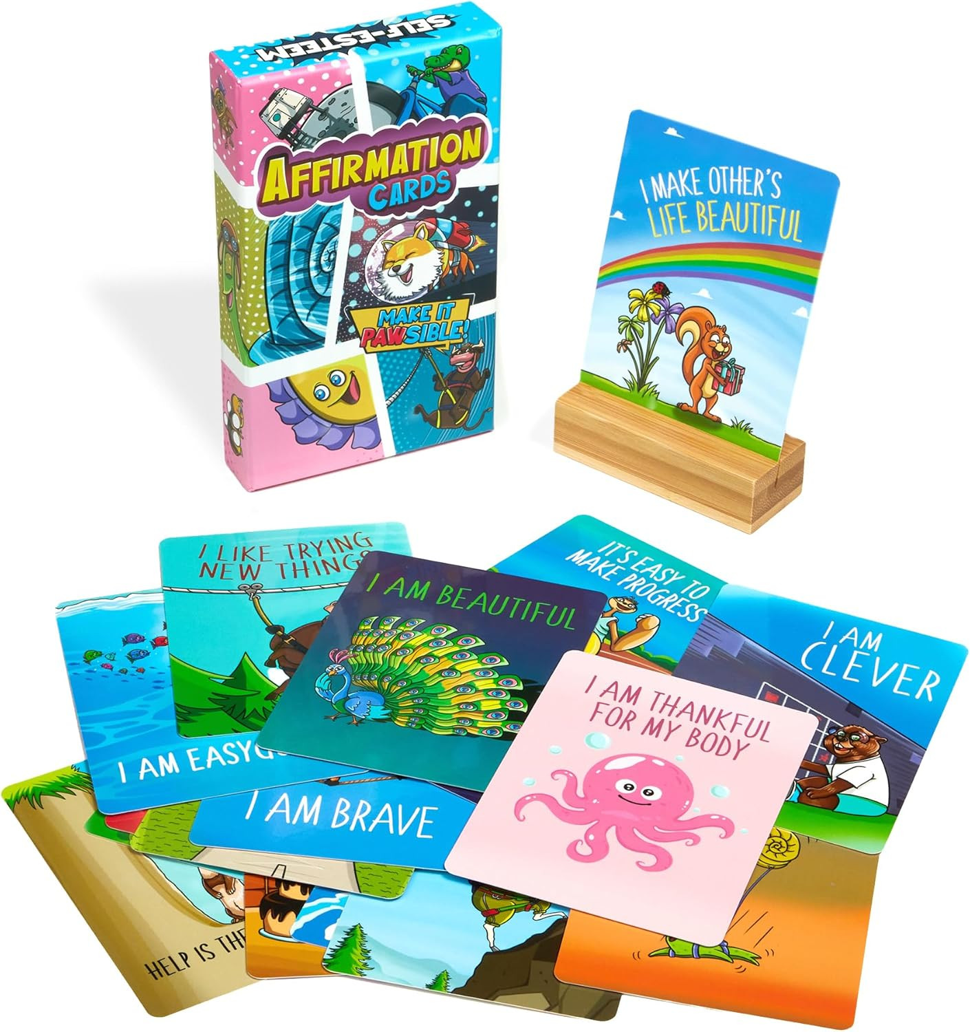 45 Affirmation Cards for Kids – Premium Edition – 3X4 in – Incl. Wooden Stand –