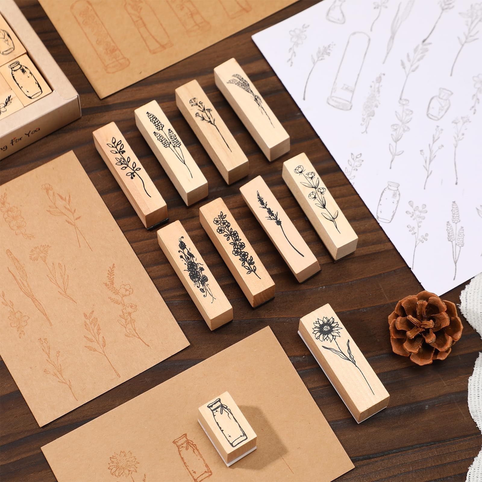 Marspark 31 Pcs Flower Wooden Rubber Stamps for Crafting Vintage Plant Decora…