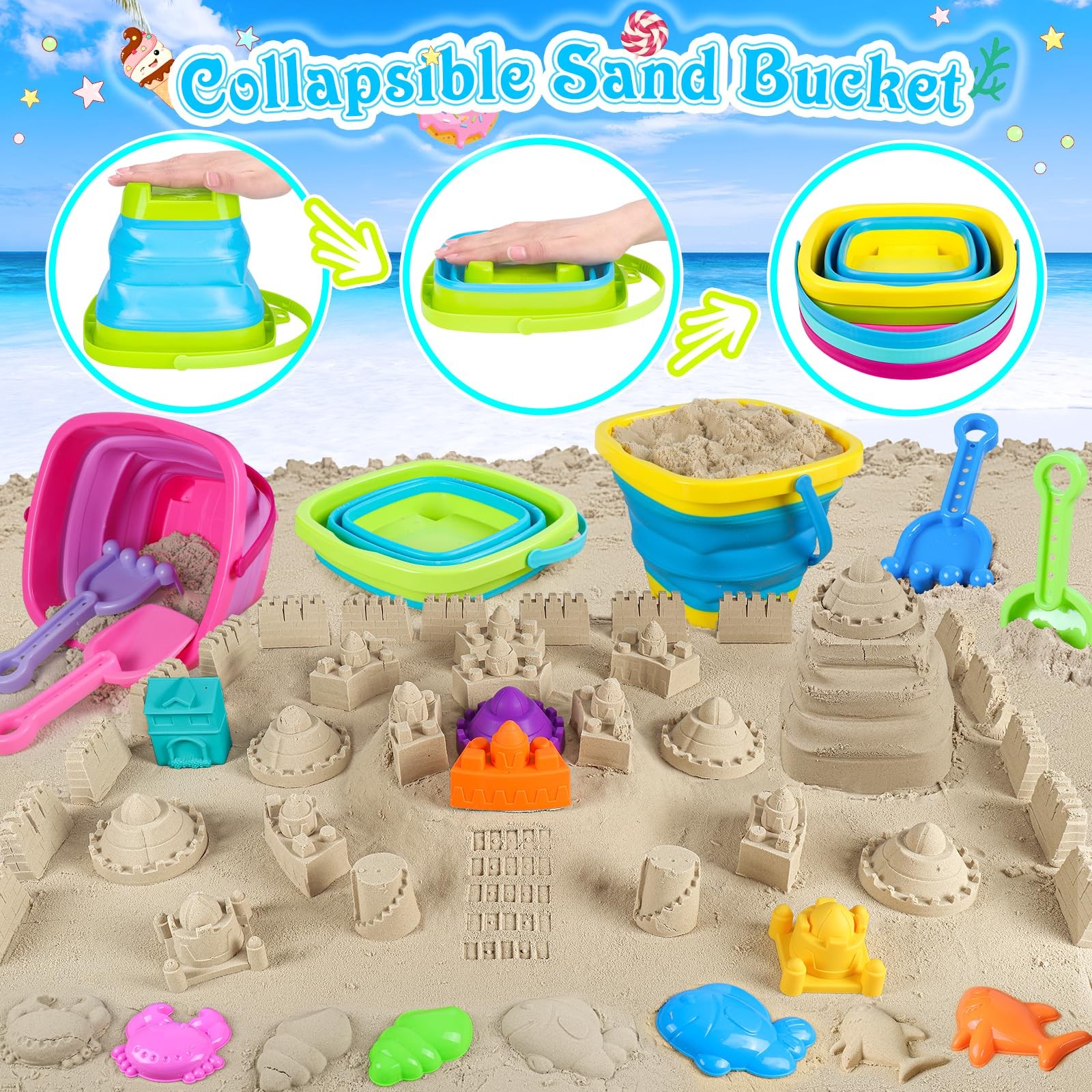 Collapsible Beach Toys for Kids Toddlers, 3 Foldable Buckets Small, Colorful