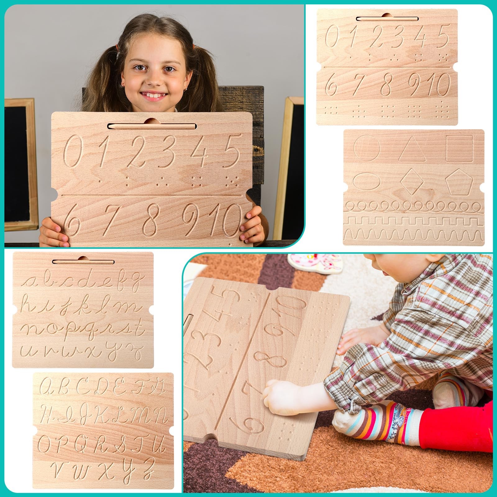 2 Pcs Wood Cursive Alphabet Number Tracing Board Montessori Letter Tracing Bo…