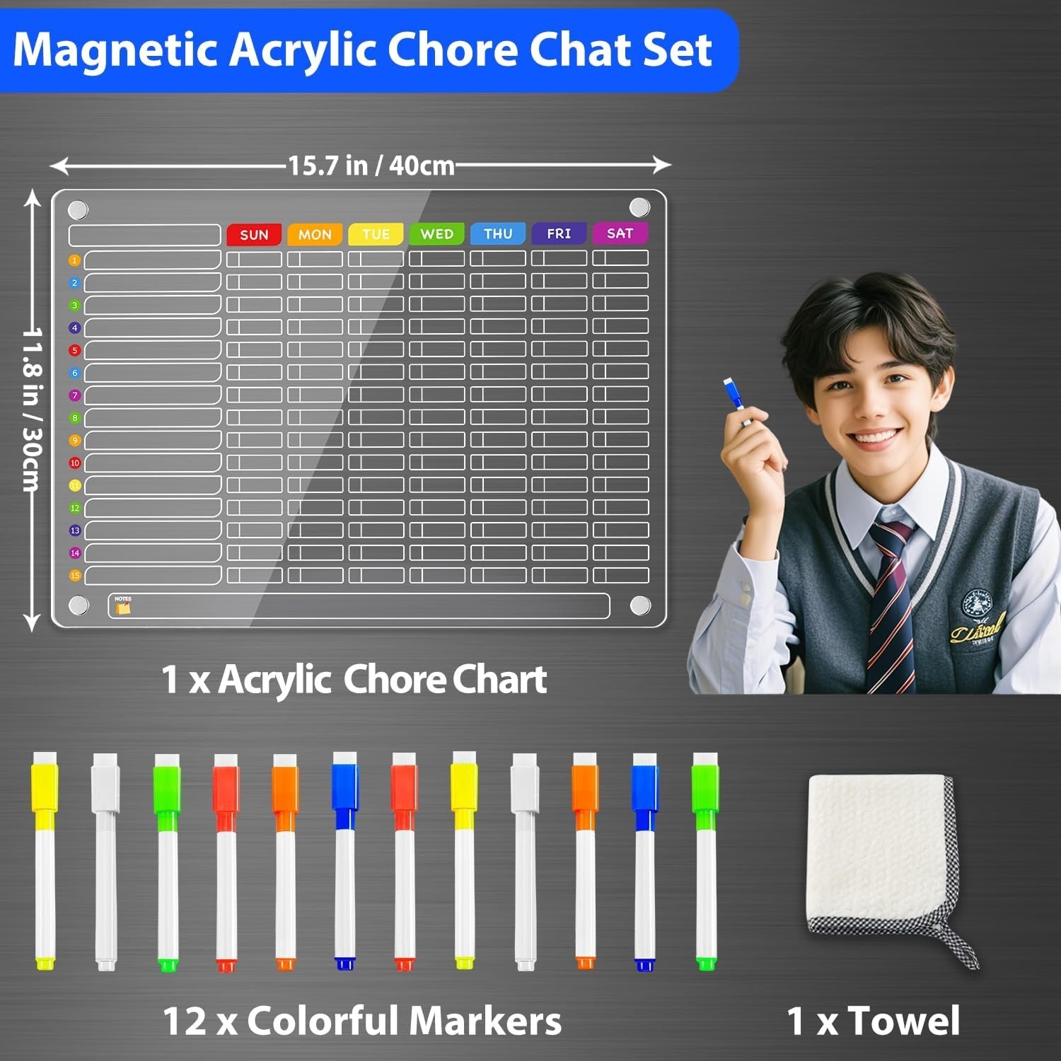 Large Magnetic Chore Chart for Family – 16″x12″ Dry Erase Board, 12 Markers & To