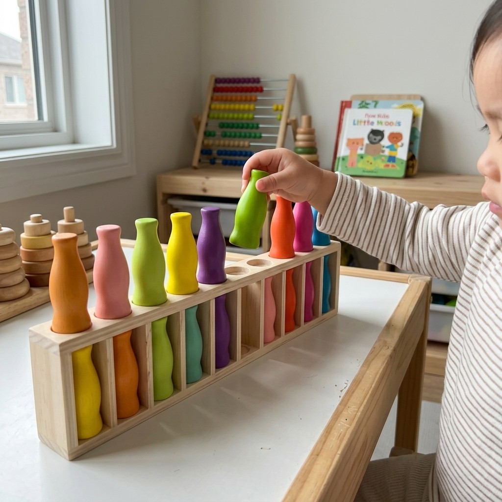 20Pcs Wooden Matching Bottle Toy Set with Base Box Kids Color Sorting Game