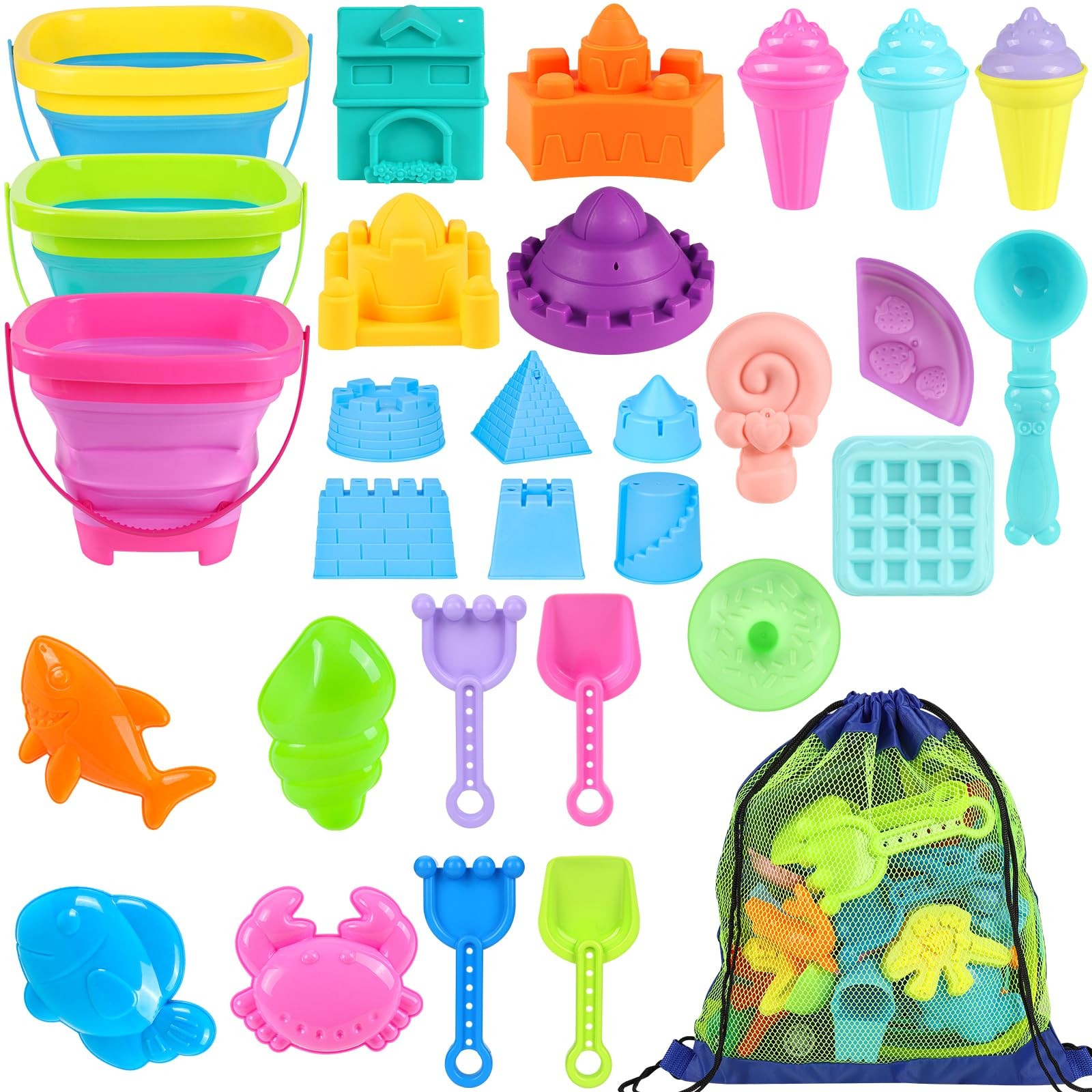 Collapsible Beach Toys for Kids Toddlers, 3 Foldable Buckets Small, Colorful