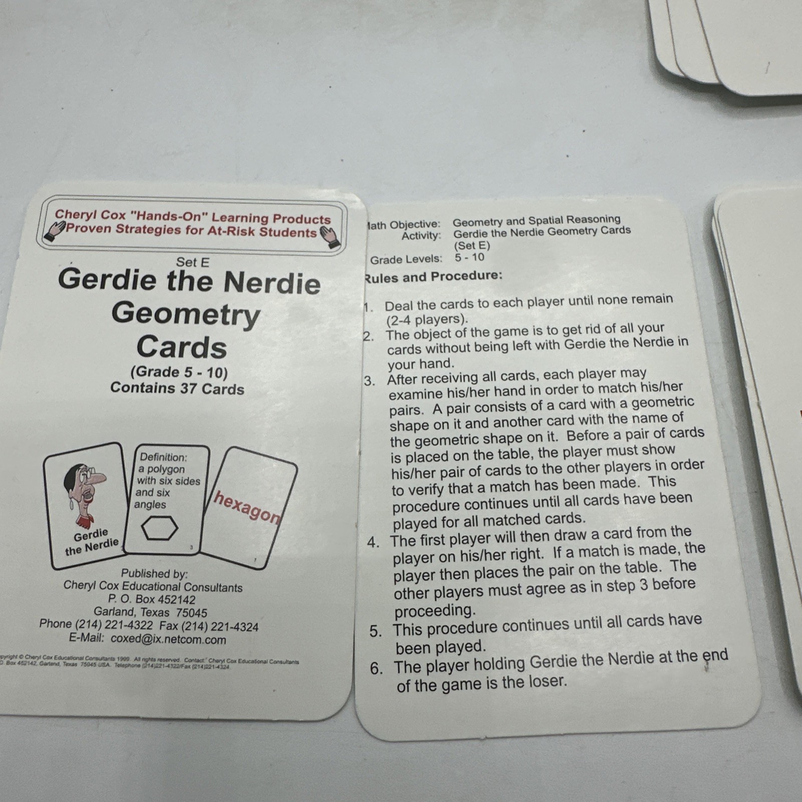 Gerdie The Nerdie Geometry Cards Grade 5-10 Cheryl Cox Educational Consultants