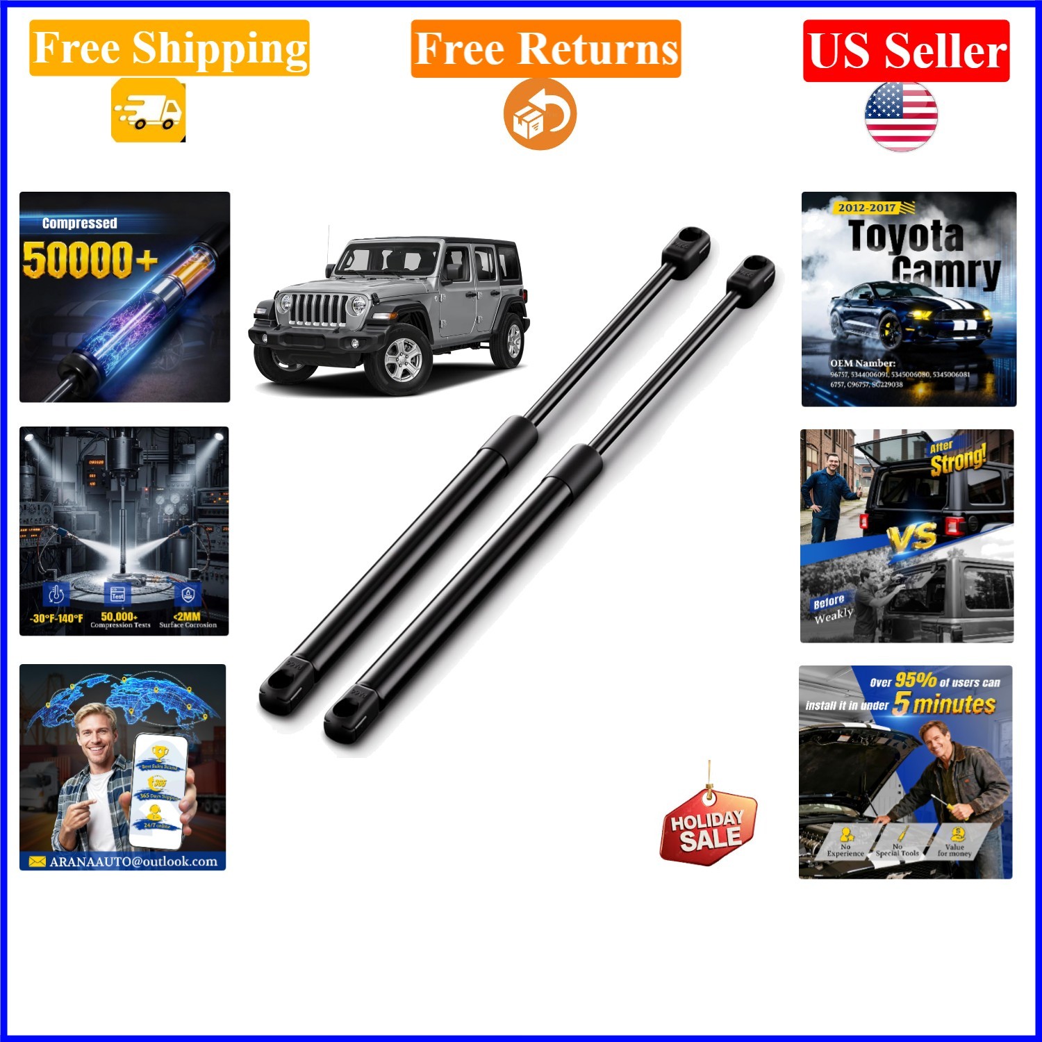 Rear Window Struts for Jeep Wrangler 2018-2025, Black Carbon Steel, 2 Pack