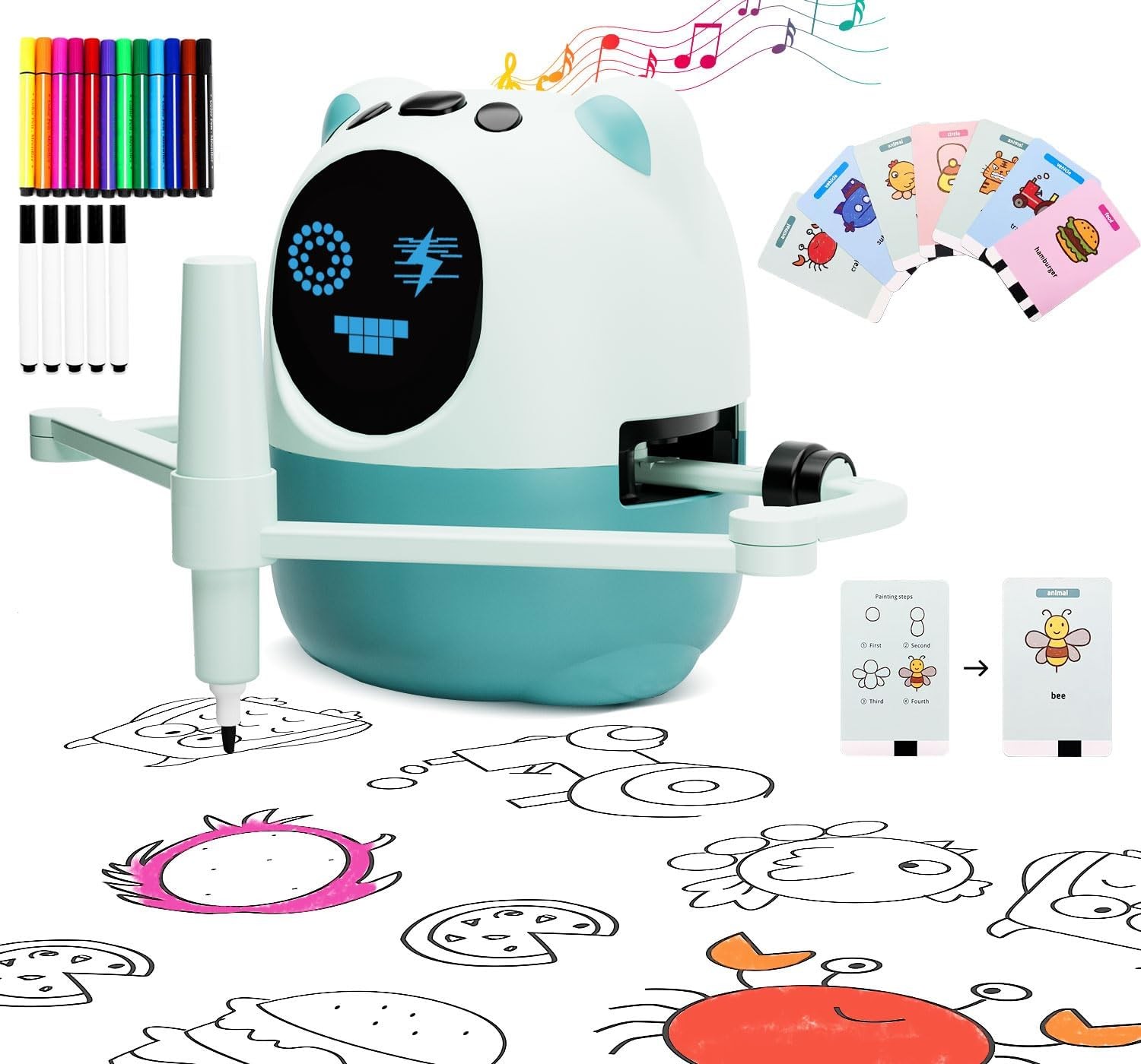 Drawing Robot Kids W/ 150 Cards& 12 Color Pens，Montessori Drawing Learning