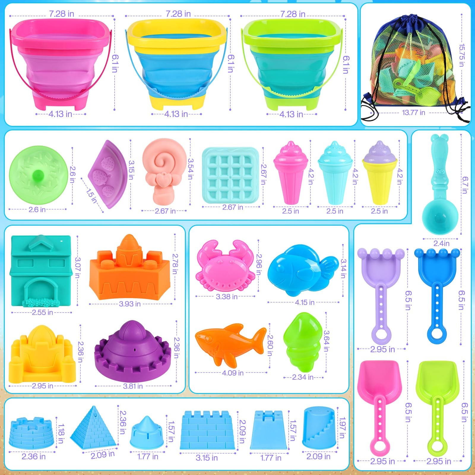 Collapsible Beach Toys for Kids Toddlers, 3 Foldable Buckets Small, Colorful