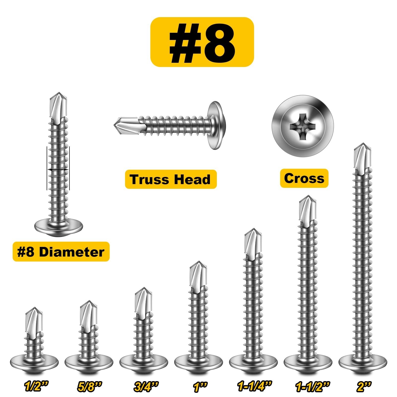 Mywish 155 Pieces #8×1/2, 5/8″, 3/4″, 1″, 1-1/4″, 1-1/2″, 2″ Self Tapping Scr…