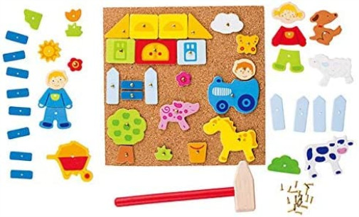 Goki 58555 Farm Hammer and Nail Toy Set, Mixed