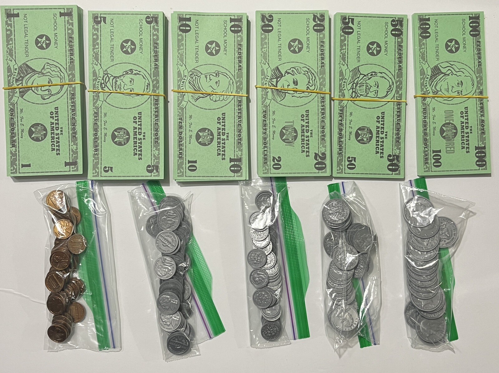 Huge Lot Fun E. Money 1, 5 10, 20, 50, 100 Dollar Bills & Coins School Education