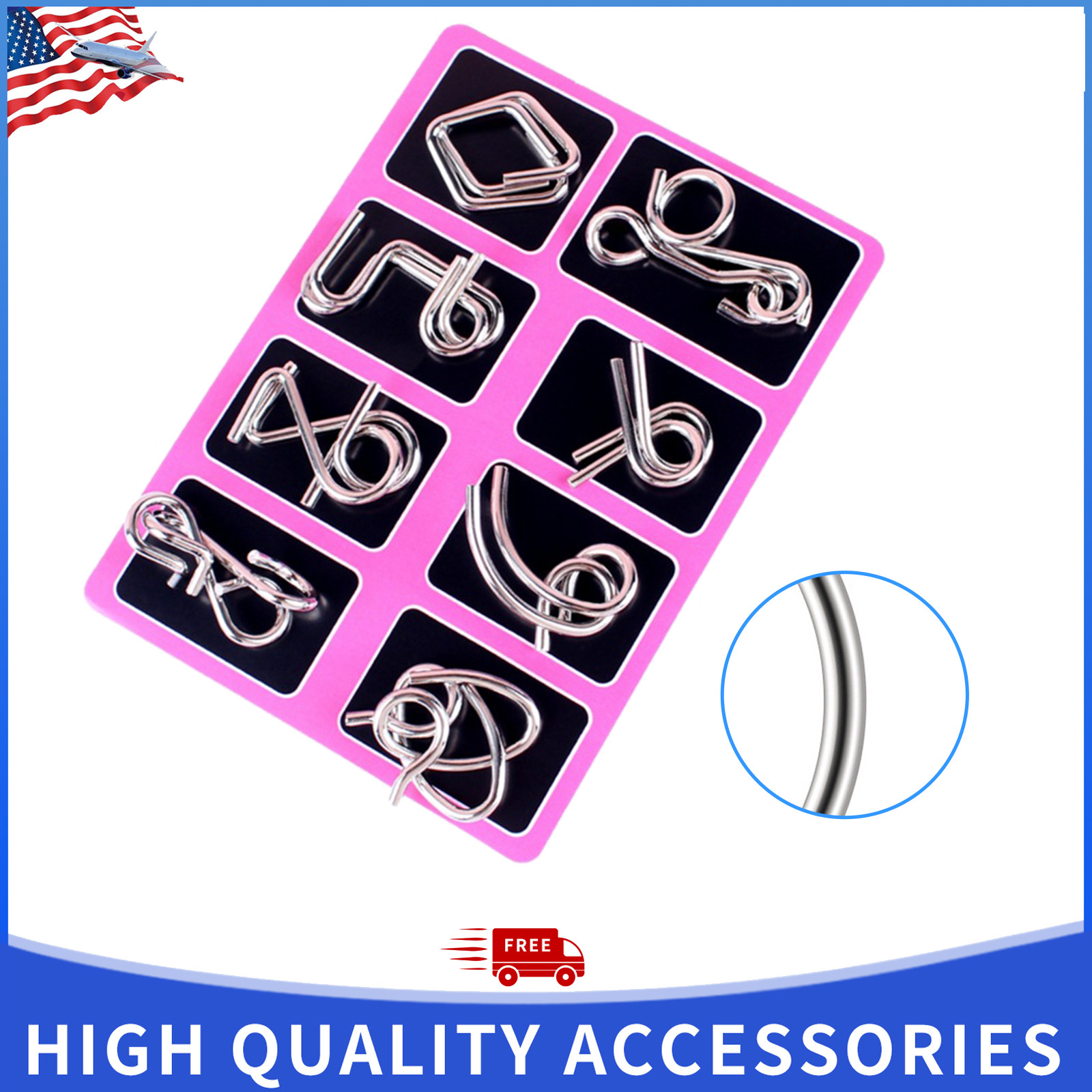 8PCS Pink Metal Wire Puzzle Brain Teaser Nine Linked Rings Toy