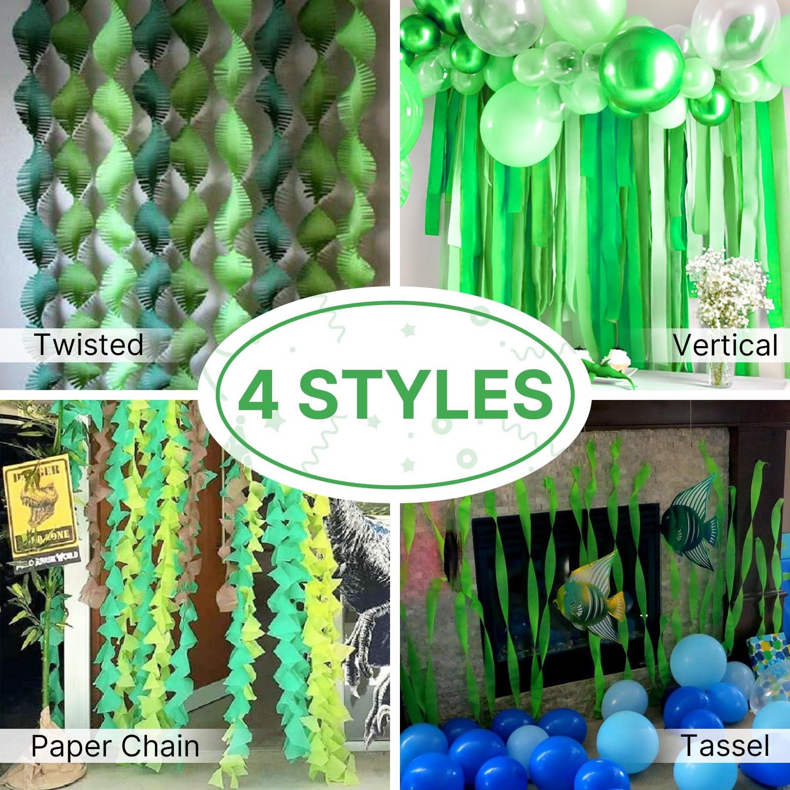 PartyWoo Dark Green Crepe Paper Streamers 4pcs 328ft Pack 4 Rolls, Green-9589