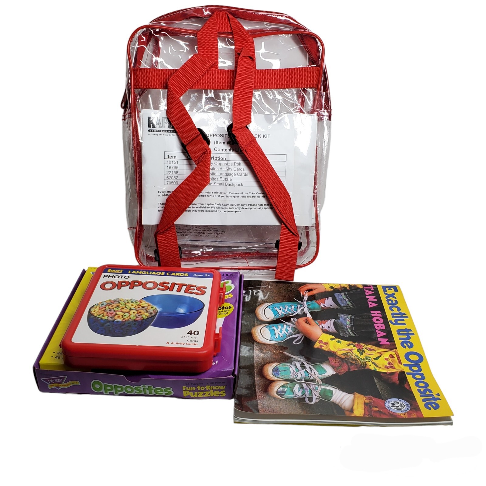 Kaplan Early Learning Clear Backpack Kit Photo Opposites Cards Book Puzzle