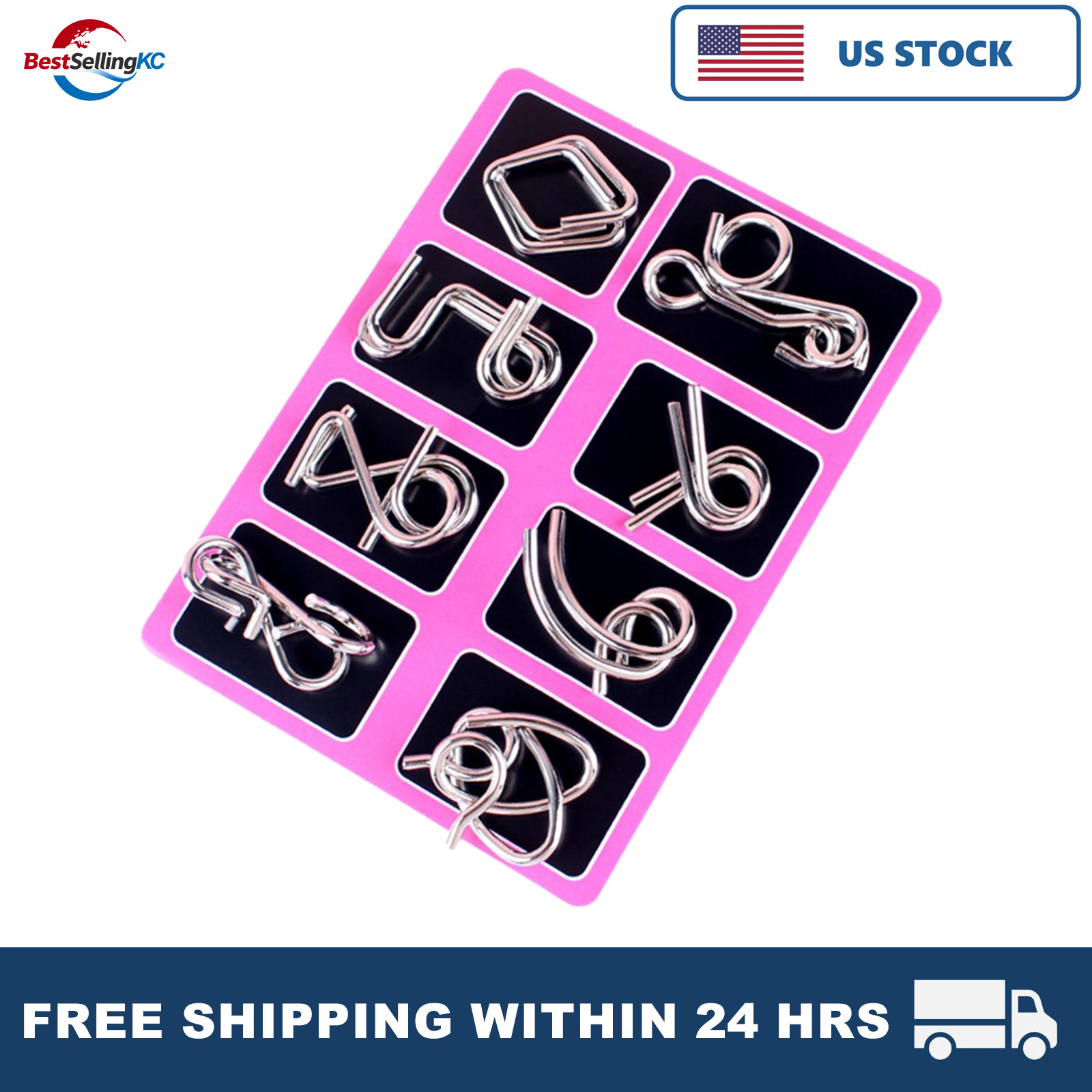 8PCS Metal Wire Puzzle Set Pink Brain Teaser Toy Educational Gift