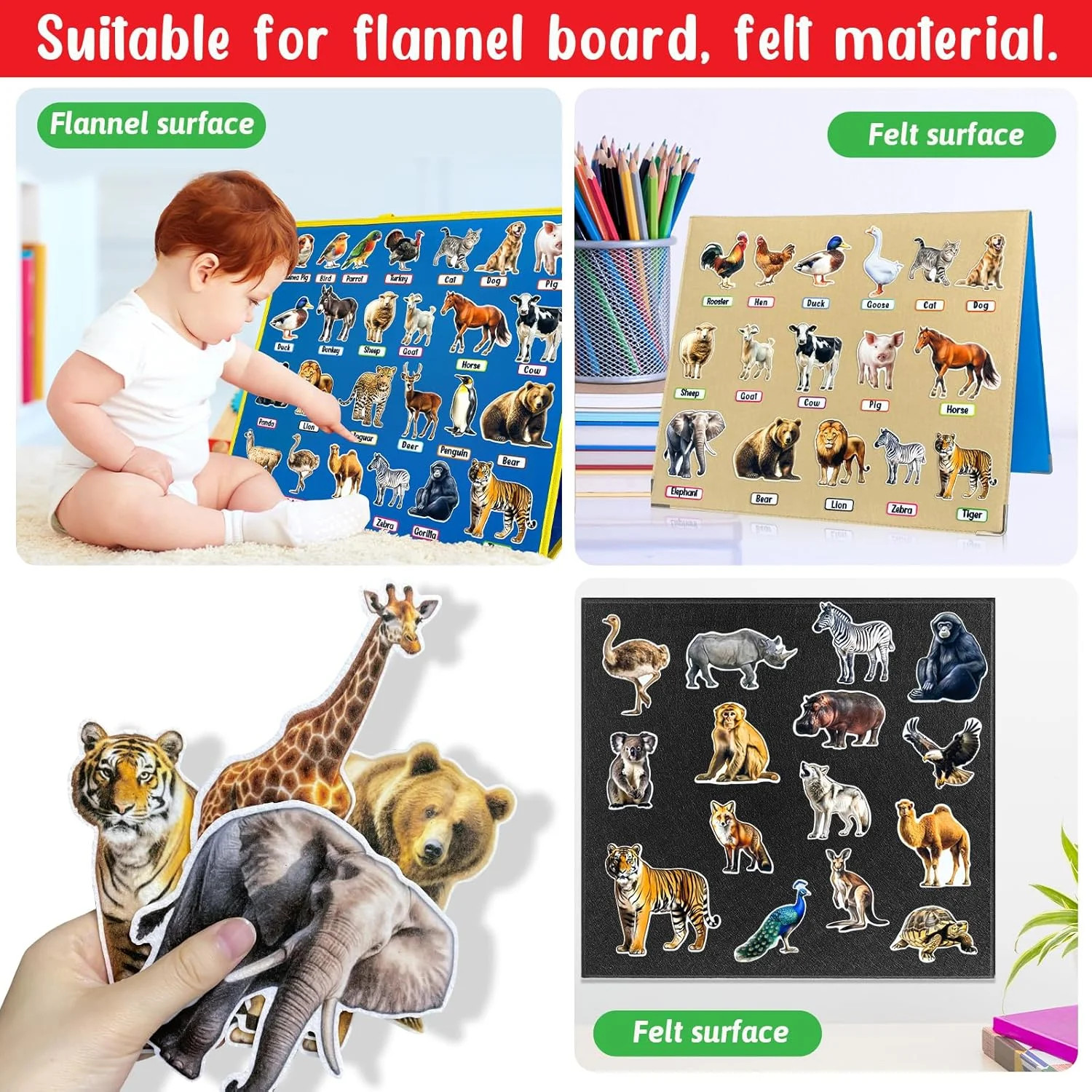 Felt Animals Learning Pieces,50 Wild and Farm Animal with Word Pieces for Felt F