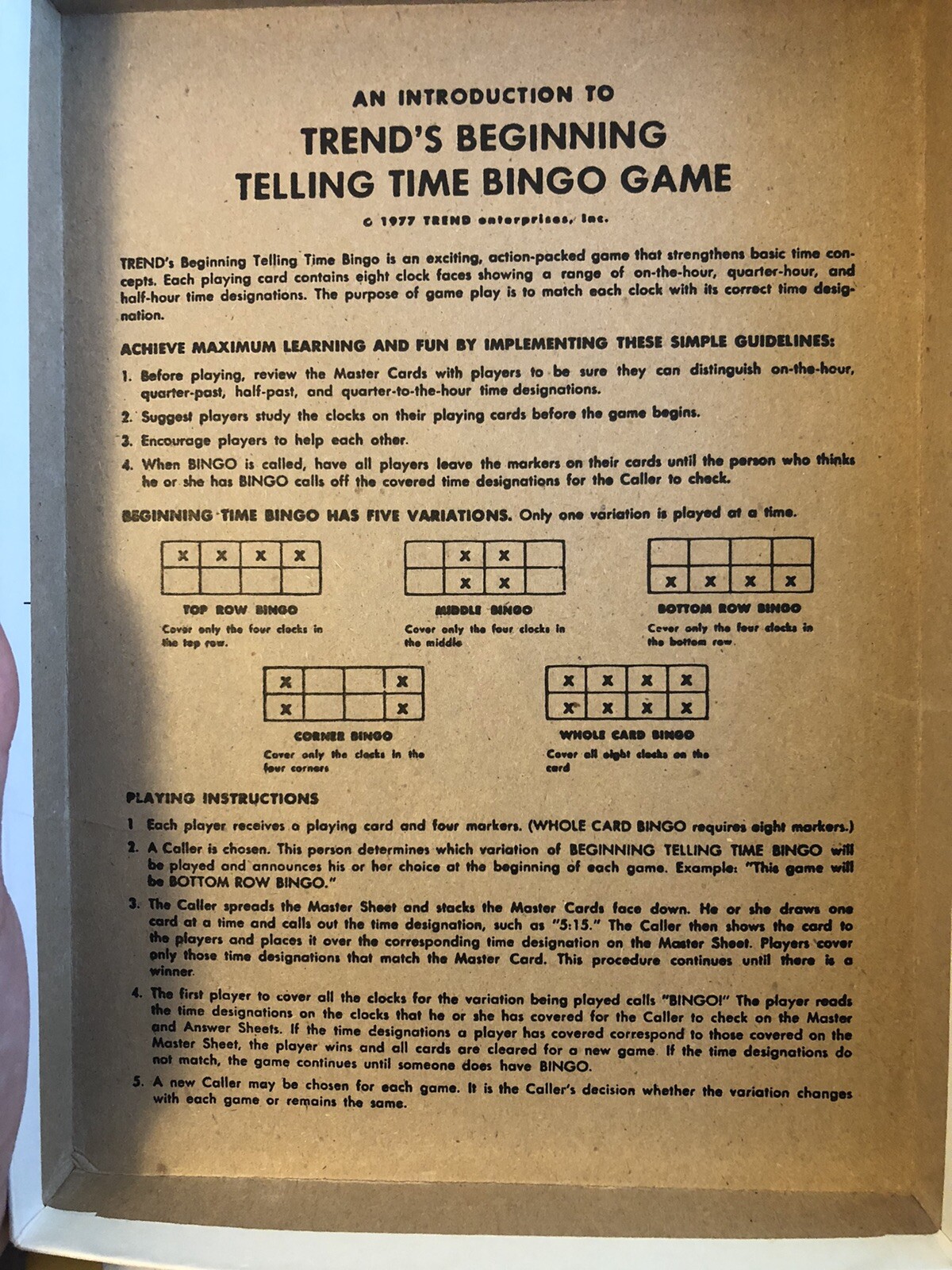 Vintage Trend Beginning Telling Time Bingo Complete – Active Learning -1977