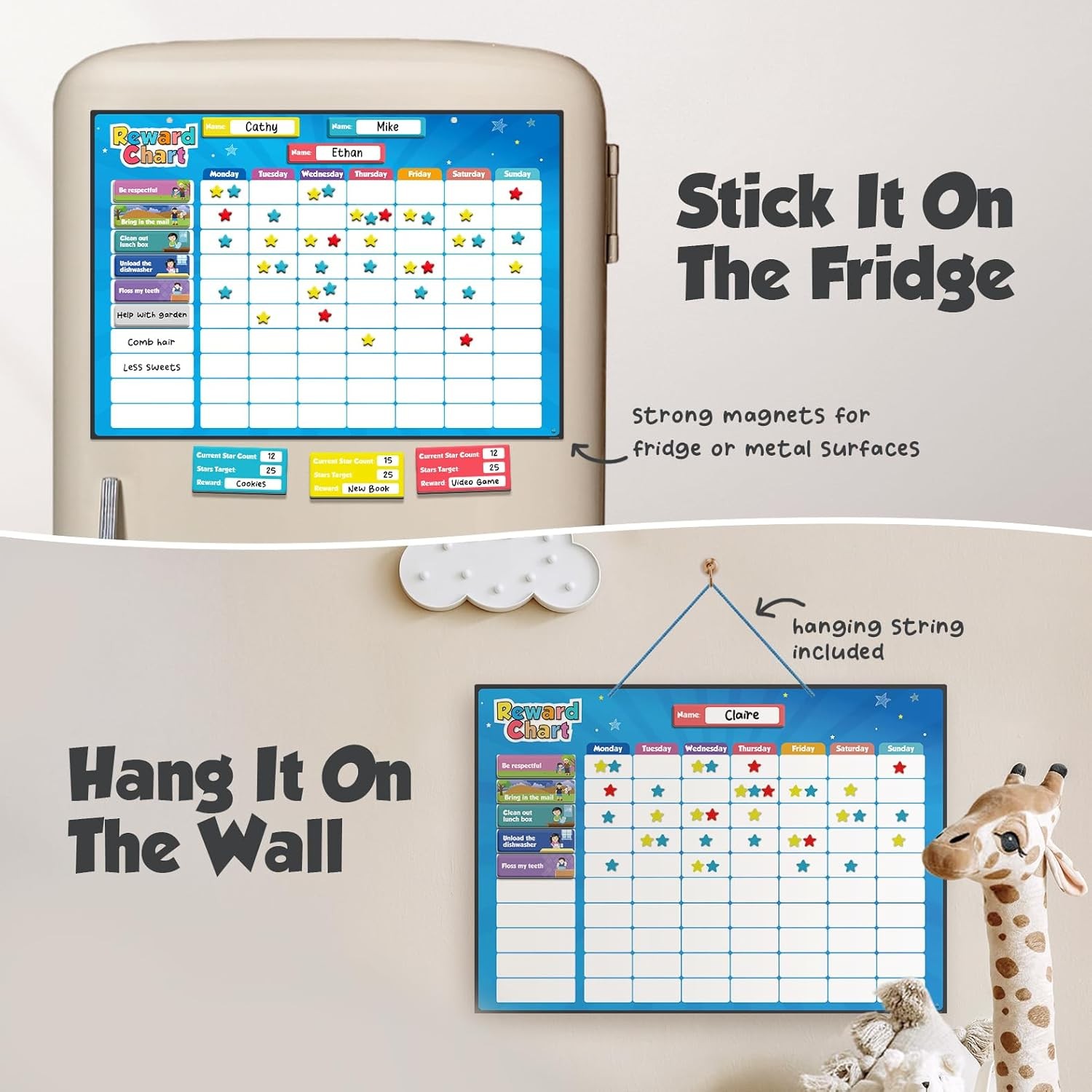 inamio Magnetic Kids Responsibility Reward Chart 3D Stars