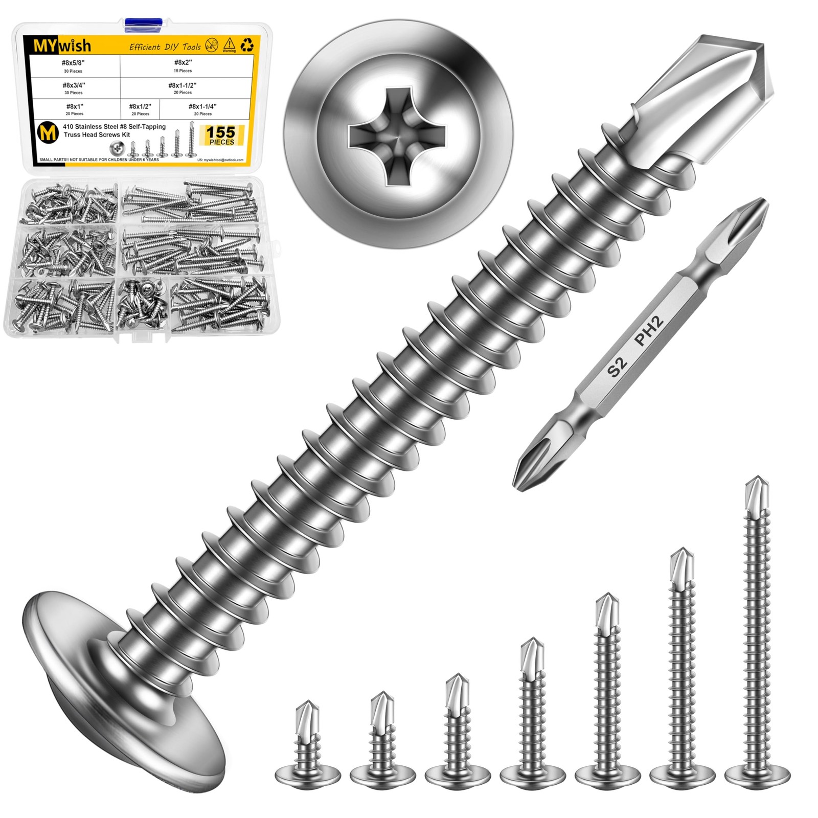 Mywish 155 Pieces #8×1/2, 5/8″, 3/4″, 1″, 1-1/4″, 1-1/2″, 2″ Self Tapping Scr…