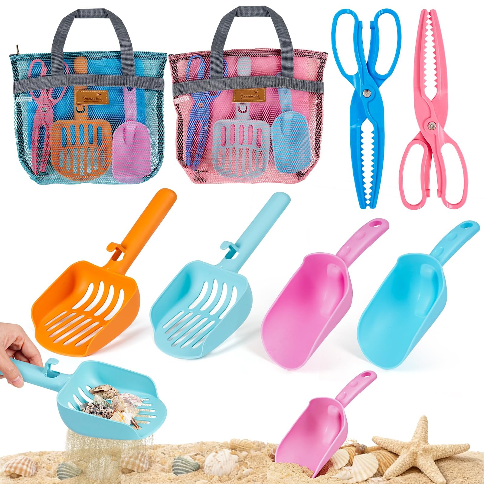 Beach Sand Toy Kids Age 4-8 Sandbox Kits with Mesh Shell Bags, Multicolored