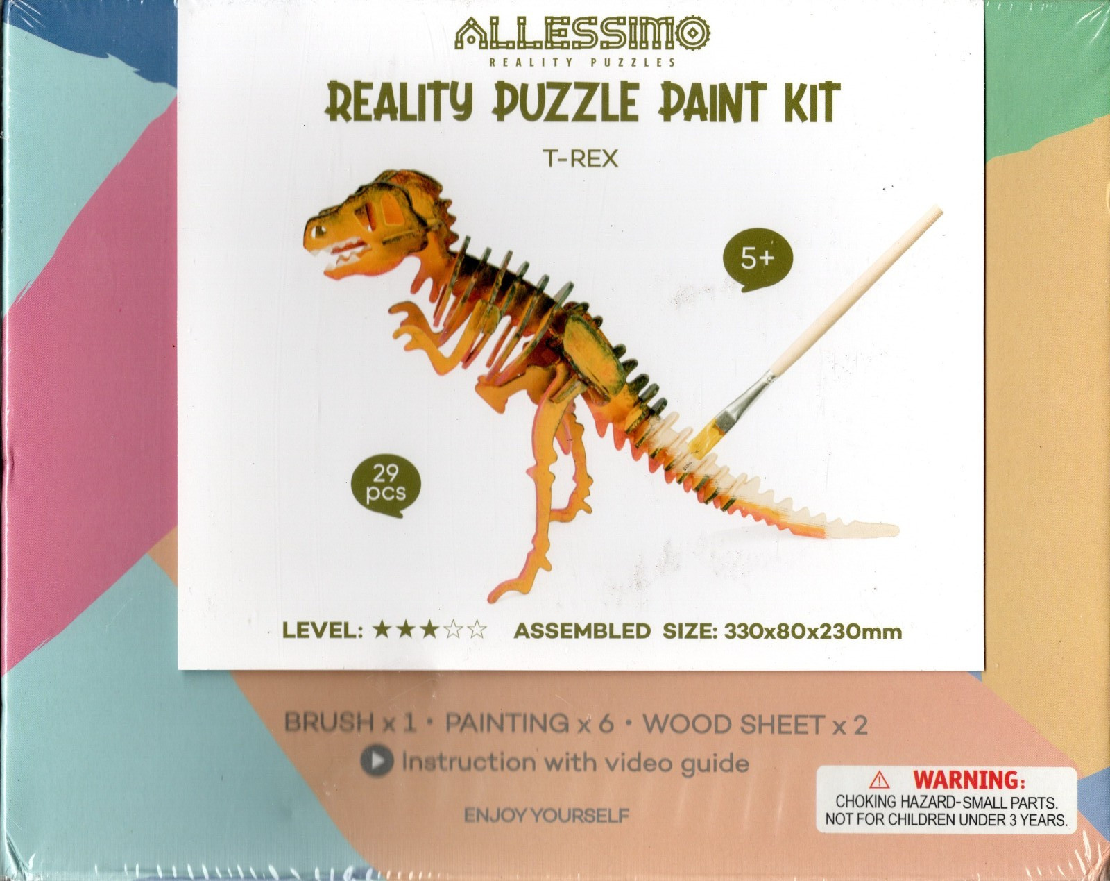 Allessimo Reality 3D Wooden Puzzle Model Paint w/ Brush DIY Kit T-REX