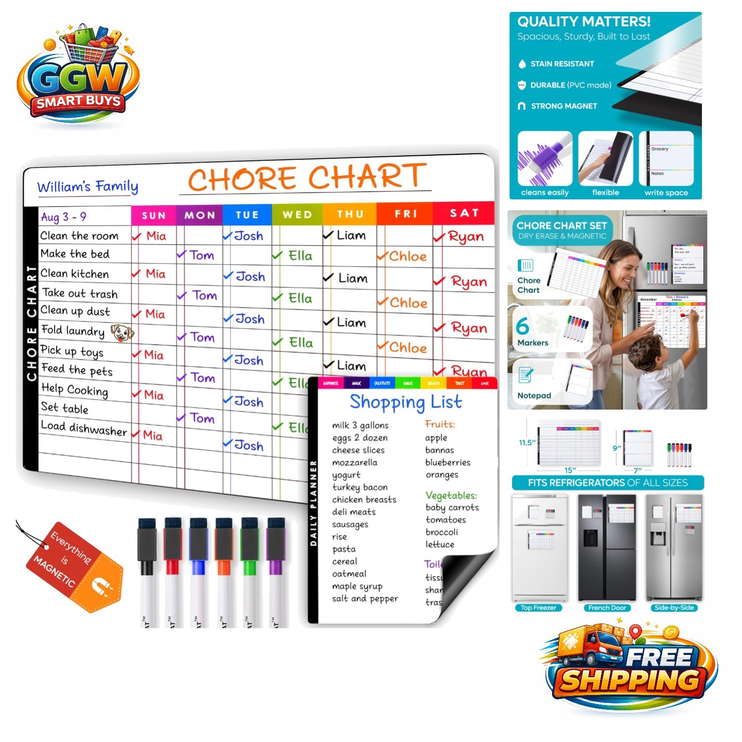 Multi-User Magnetic Whiteboard & Chore Chart Set – Bring Fun to Responsibility