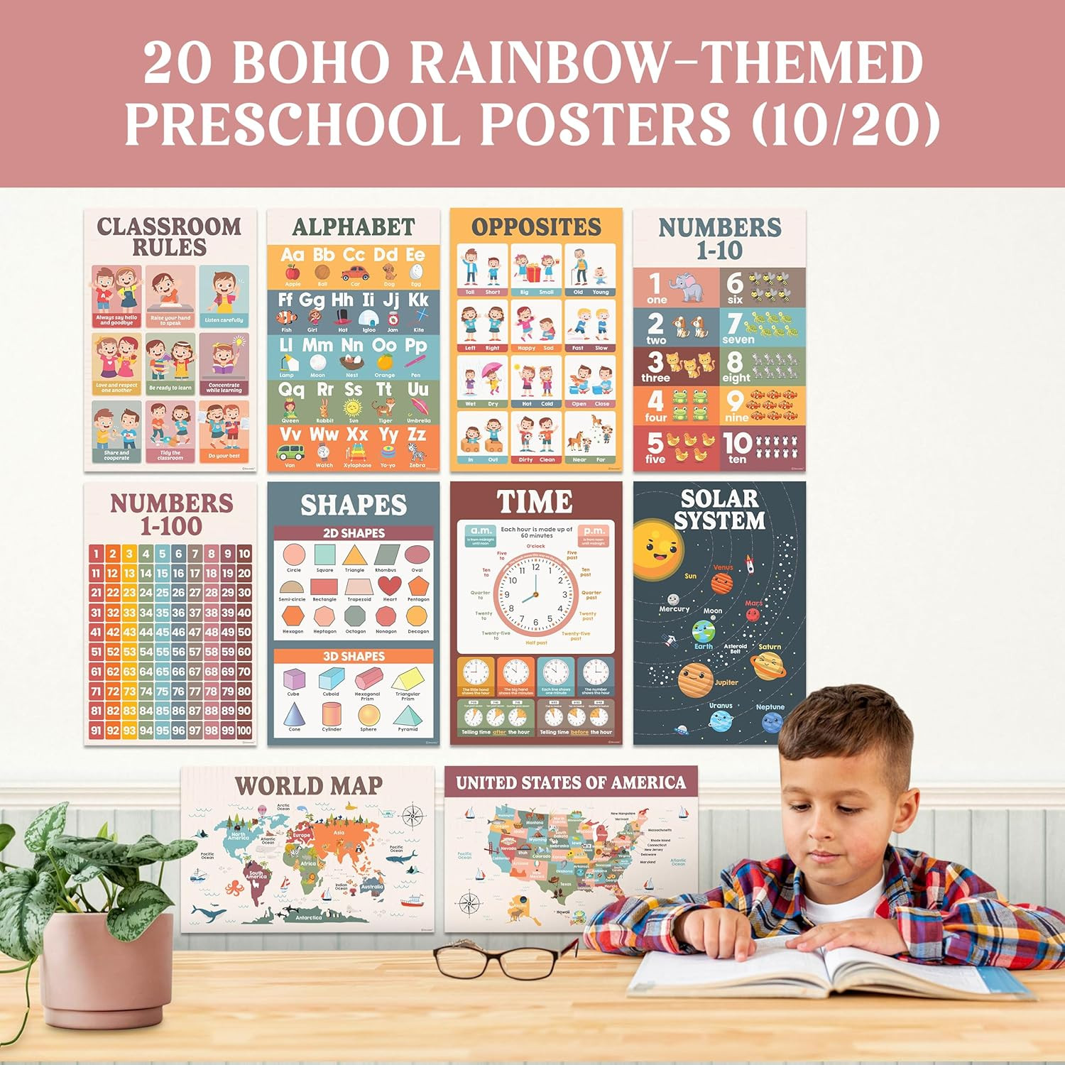 20 Boho Learning Posters for Kids Ages 3-5, 11X17In Educational Matte-Laminated