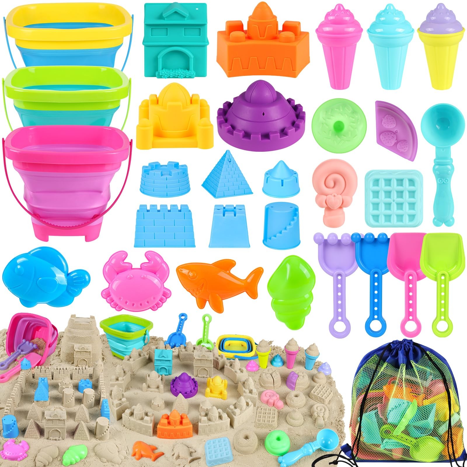 Collapsible Beach Toys for Kids Toddlers, 3 Foldable Buckets Small, Colorful