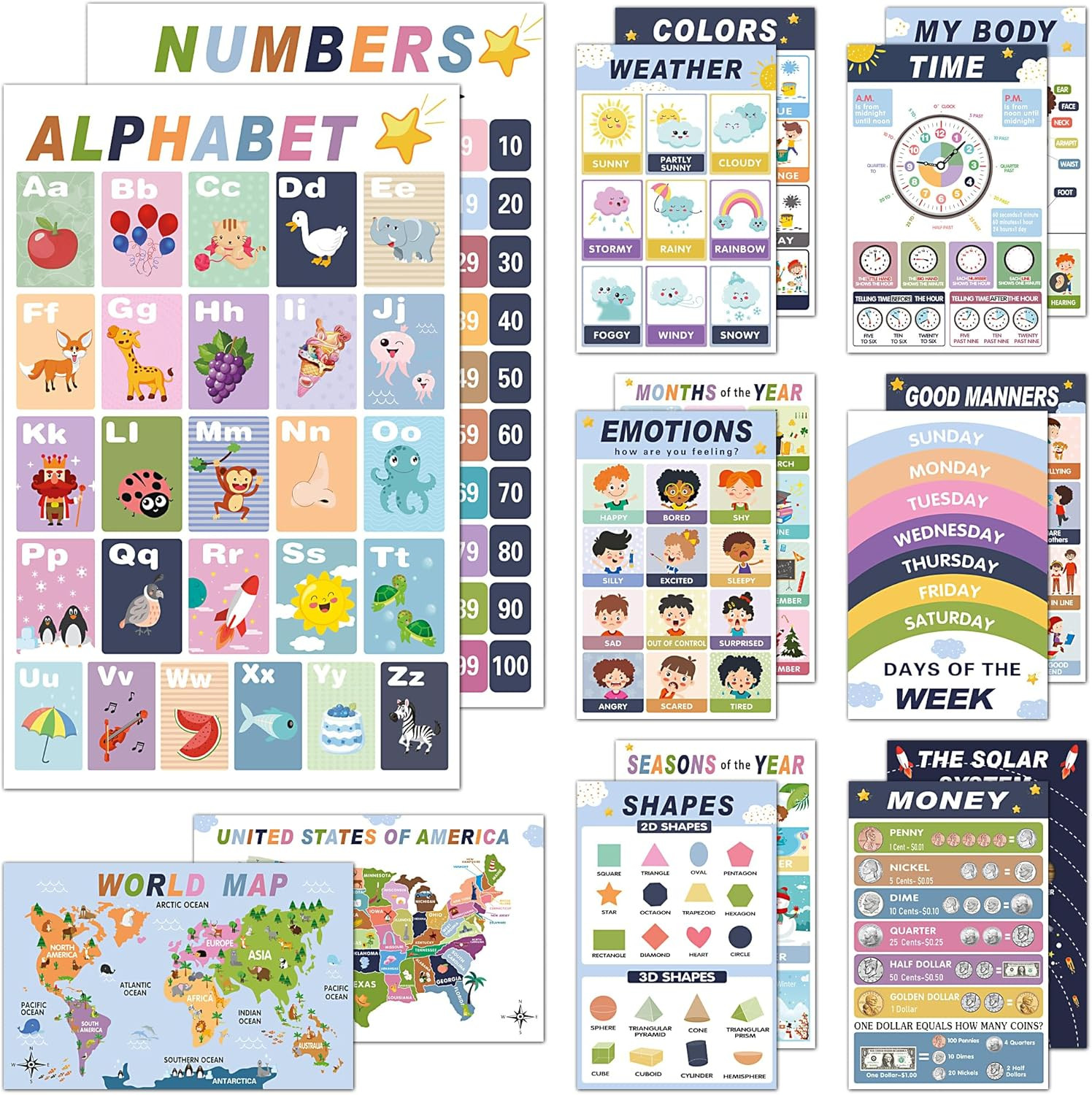 16 Educational Posters for Preschool & Kindergarten, Laminated