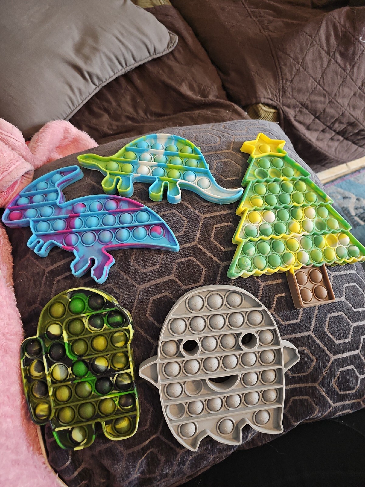 Popit Fidgets Lot of 5 Two Dinosaurs, Christmas Tree, Among Us, And Ghost.