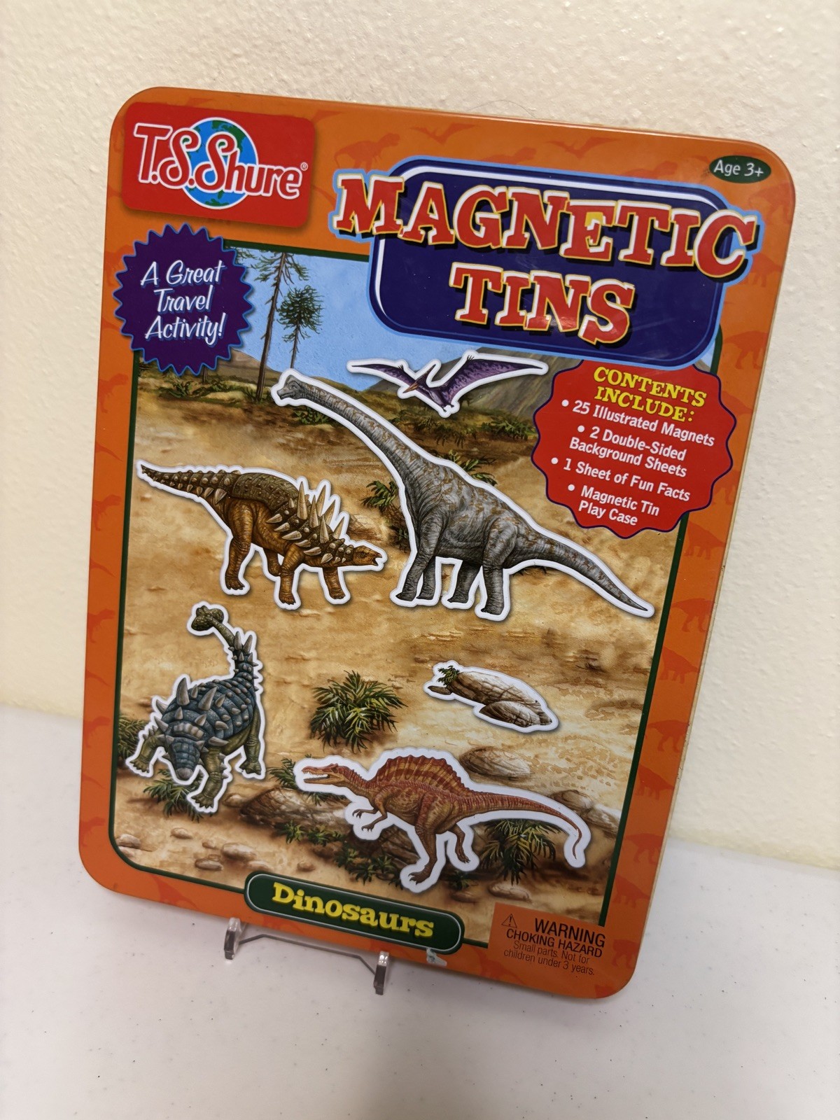 T.S. Shure Magnet Tins Dinosaurs 25 Magnets 2 Double Sided Backgrounds Tin Case