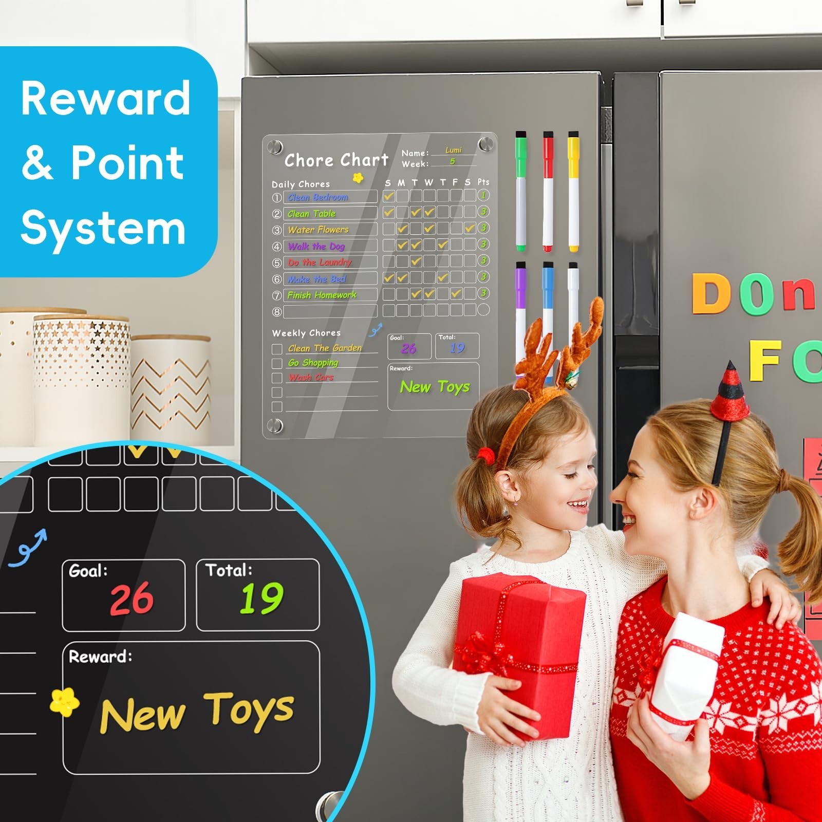 2Pcs Acrylic Magnetic Chore Chart for Kids & Adults, Dry Erase Reward Board, 12″
