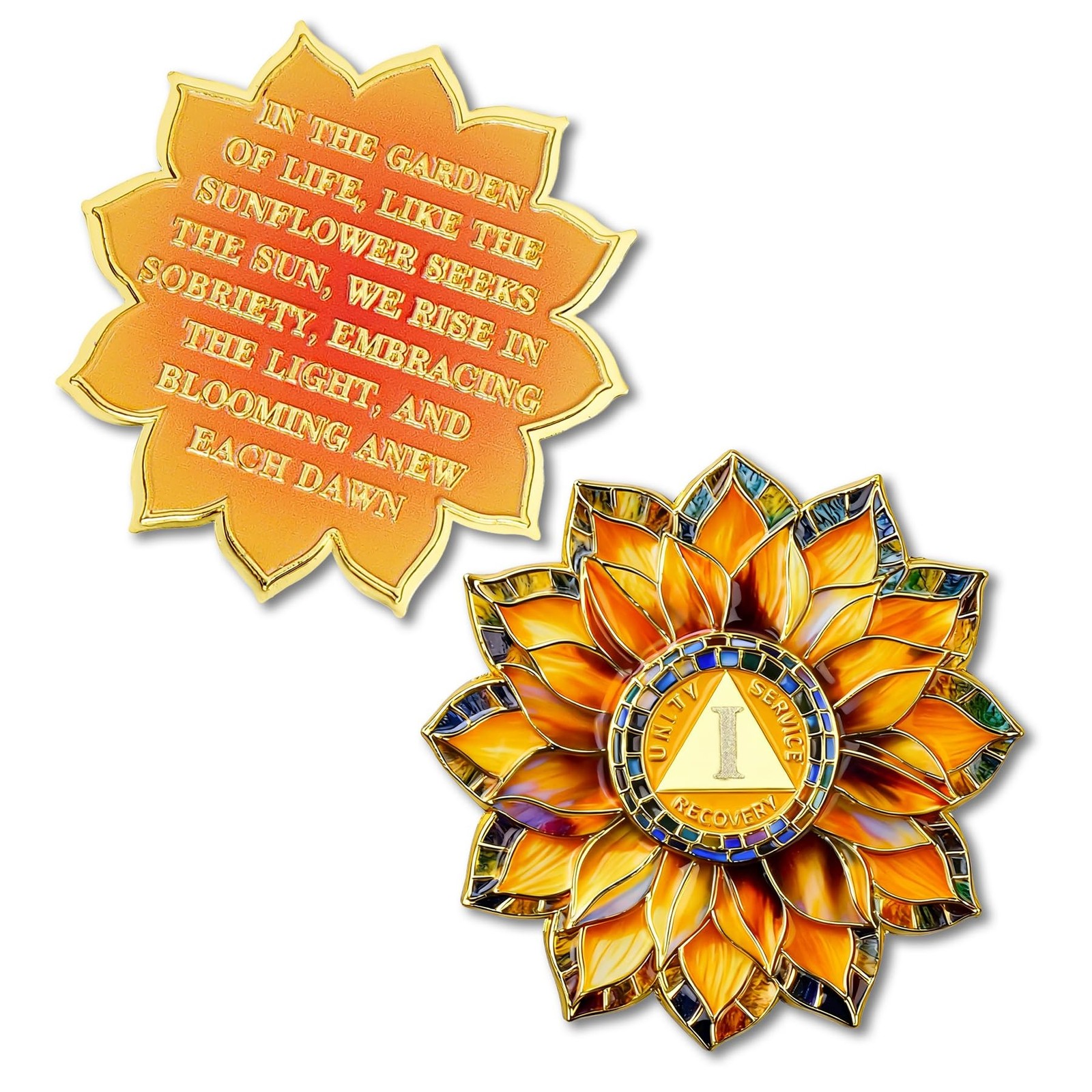 Sunflower 1 Year Sobriety Coin – Colorful Glass Broken and Rebuilt AA Coins -…