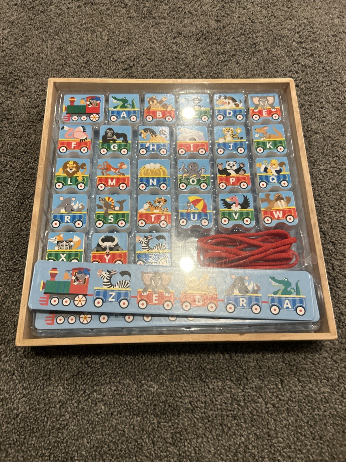 NEW-Melissa & Doug Alphabet Train Lacing Wood Train Beads in Wooden Box-Sealed