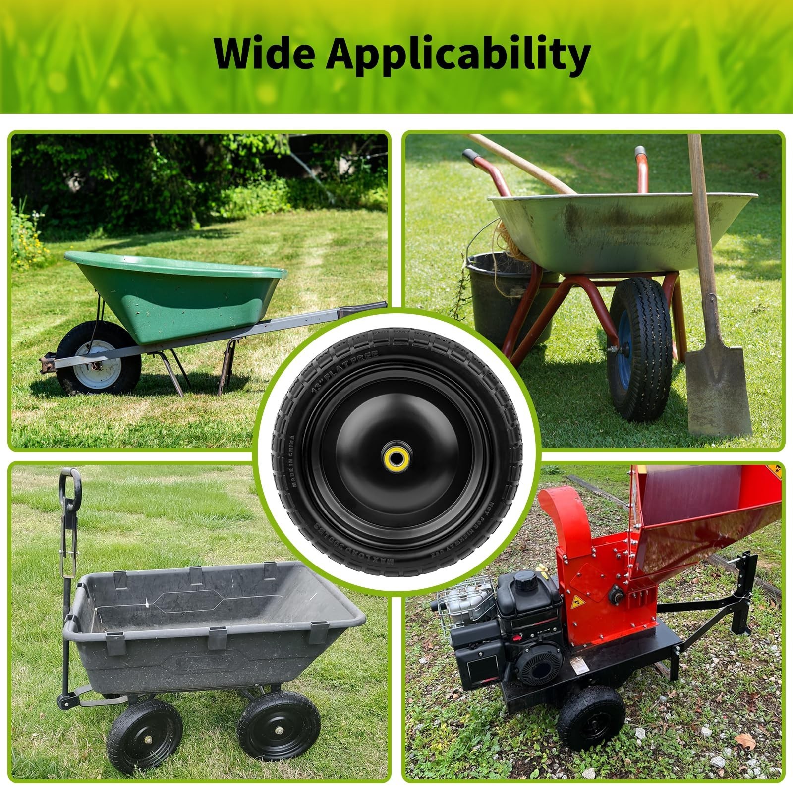 13 Inch Wheelbarrow Wheels, 4.00-6 Solid Flat Free Tires with 5/8″ Axle Bore …