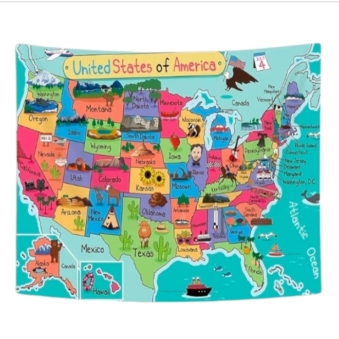 Kids USA Map Educational Tapestry Wall Hanging w/ Mounting Kit Classroom 71×60