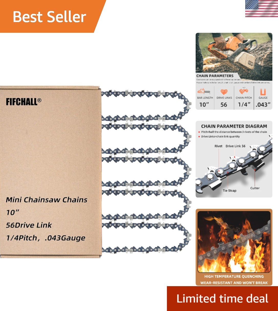 5 Pack 10 Inch Pole Saw Chain Fit Stihl 1/4″ Pitch .043″ Gauge 56 Drive Links 10